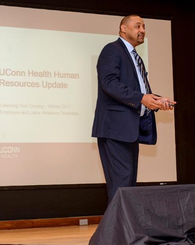 Vice President of Human Resources John Peeples speaks at a town hall meeting for faculty and staff Feb. 8, 2017. (Photo by Janine Gelineau)