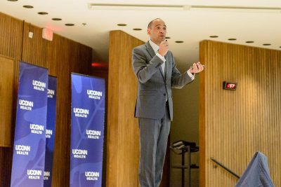 Dr. Andrew Agwunobi speaks at a town hall meeting for faculty and staff Feb. 8, 2017. (Photo by Janine Gelineau)