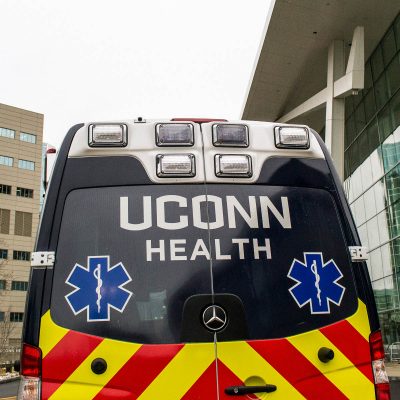Rear view of UConn Health's new ambulance.