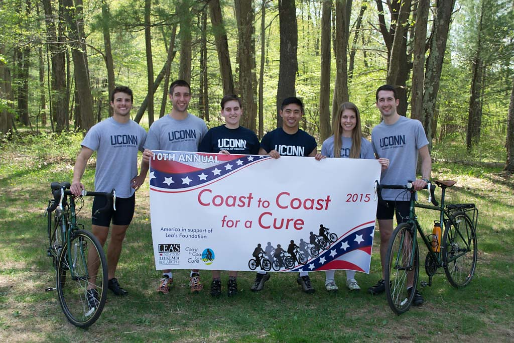 From left: Alex Tansey, Alex Blanchette, Carolyn Tusa,  David Lam, Erin Gambos, and Thomas Presti make up 10th Coast to Coast for a Cure cycling team. (Tina Encarnacion/UConn Health Photo)