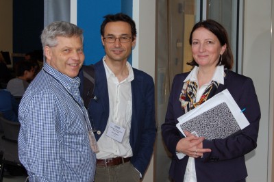 From left, Drs. Stephen Helfand and Nicola Neretti from Brown University and Blanka Rogina from UConn Health at the Glenn Symposium on May 27. 