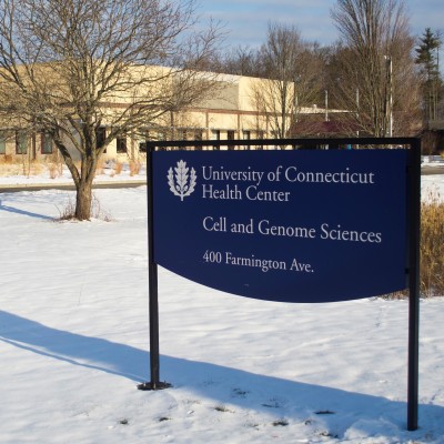 The Cell and Genome Sciences Building in winter, 400 Farmington Ave., is home to UConn's Technlogy Incubation Program,. (Tina Encarnacion/UConn Health Photo)