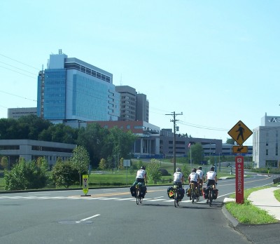 The riders make their approach for their UConn Health homecoming. (Photo from coast2coastforacure.wordpress.com)