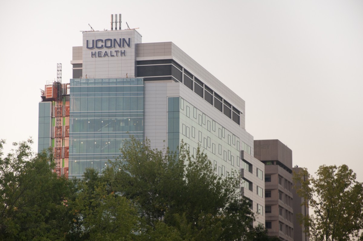 UConn Health's new hospital tower now features the new UConn Health wordmark. (Janine Gelineau/UConn Health)