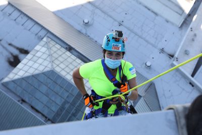 Chief Silver about to rappel down a 30-plus-story building